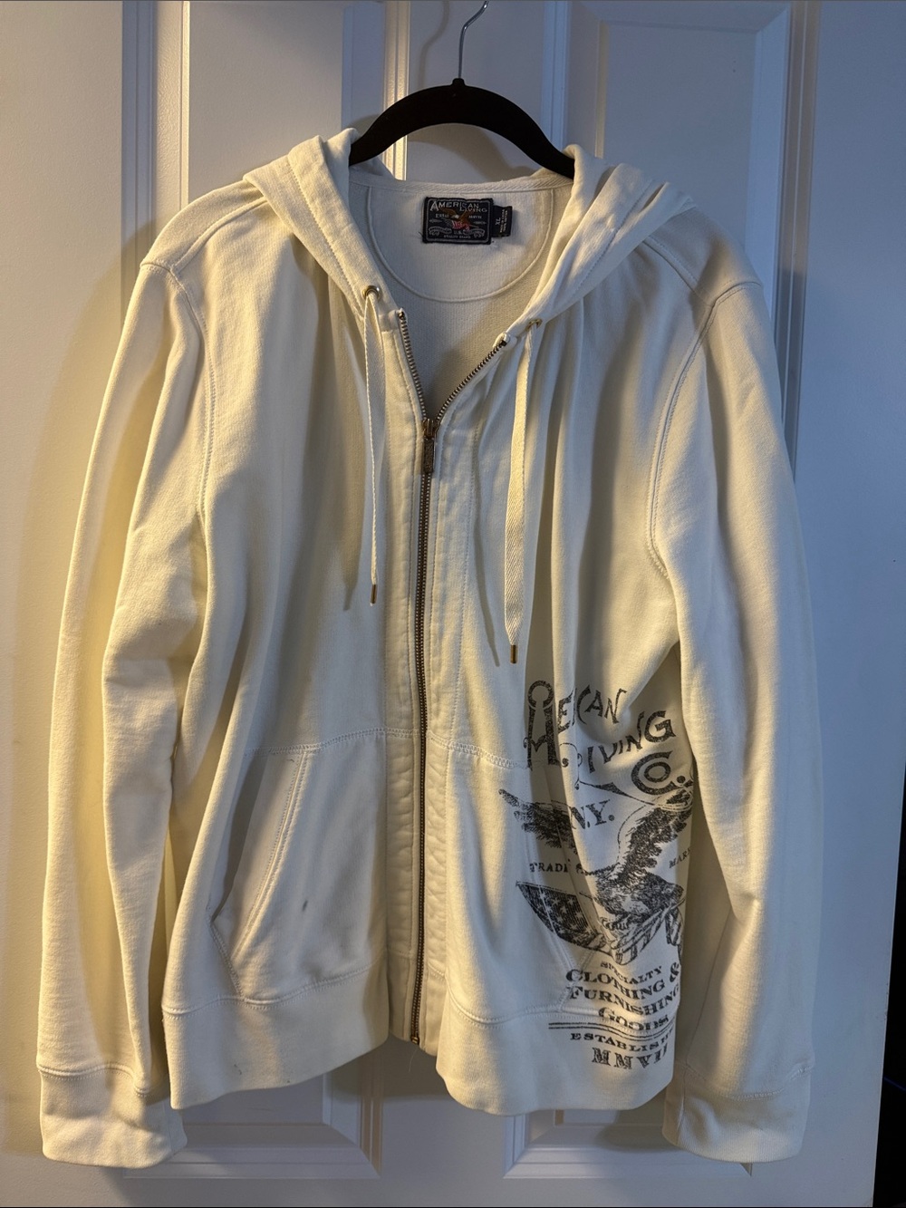 American Living Cream Zip-Up Hoodie with Graphic Chest Print